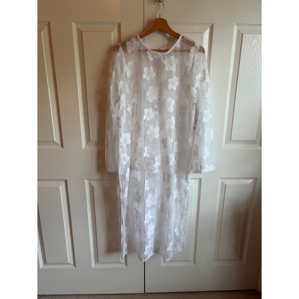 Time and Tru White Floral Mesh Swim Coverup Dress Long Sleeve Open Back Large 14